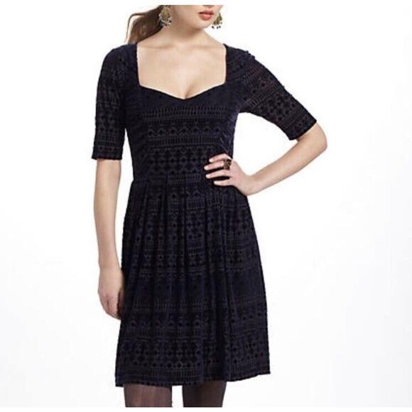 Anthropologie Meadow Rue Size Medium Midnight Blue Lined Velvet Dress A Line - Picture 5 of 8